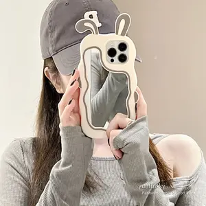 Fashion Phone Case For iPhone 12 11 Pro Max 13 Case Bunny Ears Lovely Cover For iPhone 14 Pro para Women Mirror Easy to make up