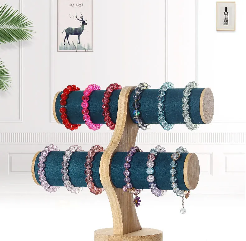 2 Tiers Display T Bar Stand Home Bracelets Organization Jewelry Showcase Watch Storage Bangle Organizer Table Top Wooden Holder