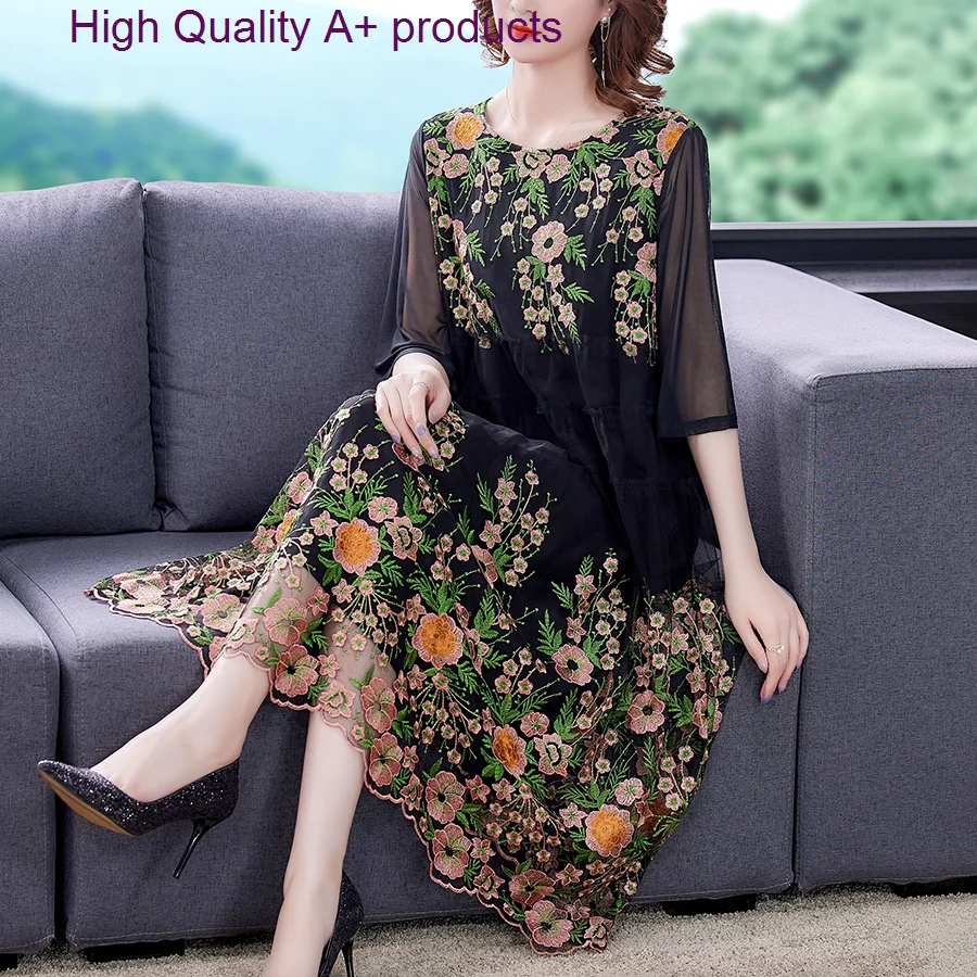 

Женское Тяжелые Вышитые сетчатые шелковые платья, лето 2023, женское свободное повседневное длинное платье из шелка тутового шелкопряда, костюм, платья