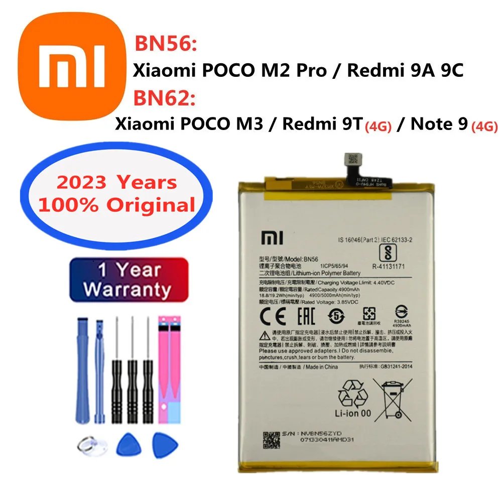 

2023 Years High Quality BN56 BN62 Original Battery For Xiaomi POCO M3 M2 Pro / Redmi 9A 9C 9T Note 9 4G Version Batteries +Tools