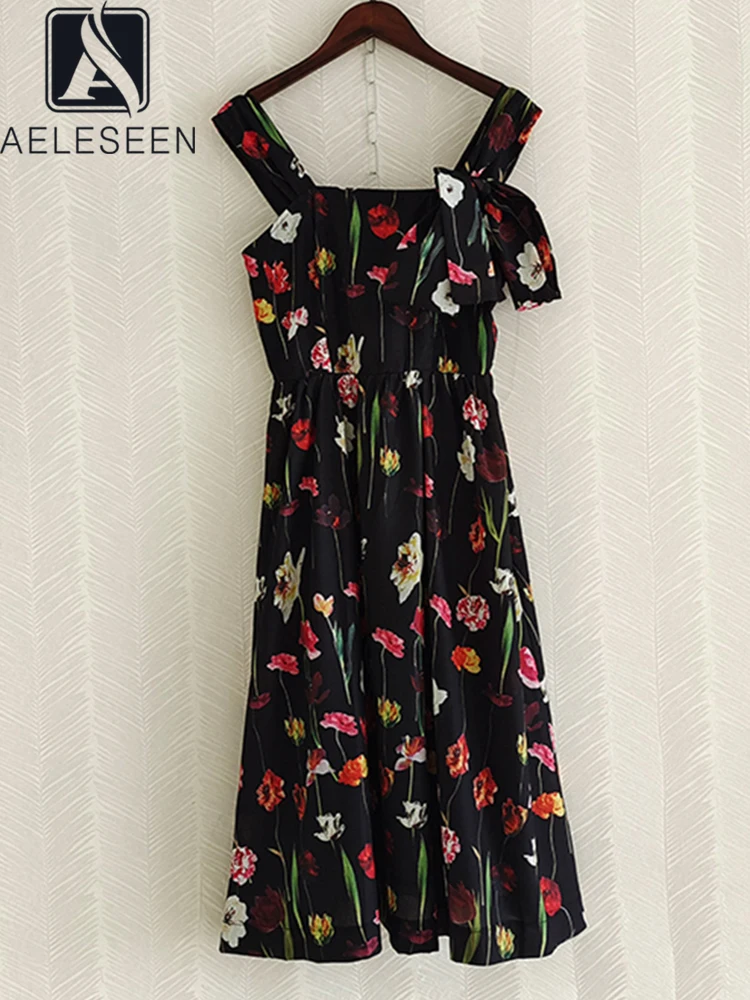 

AELESEEN Fashion Runway 2022 Summer Midi Dress Women Black White Flowers Printed Sleeveless Belt Elegant Holiday Camisole