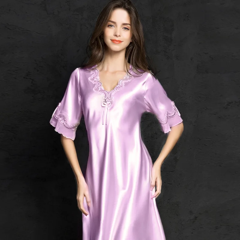 Spring Summer Ladies Nightdress Imitation Silk Thin Section Home Service Sexy Sleepwear Women Night Gown Sleep Tops Nightwear
