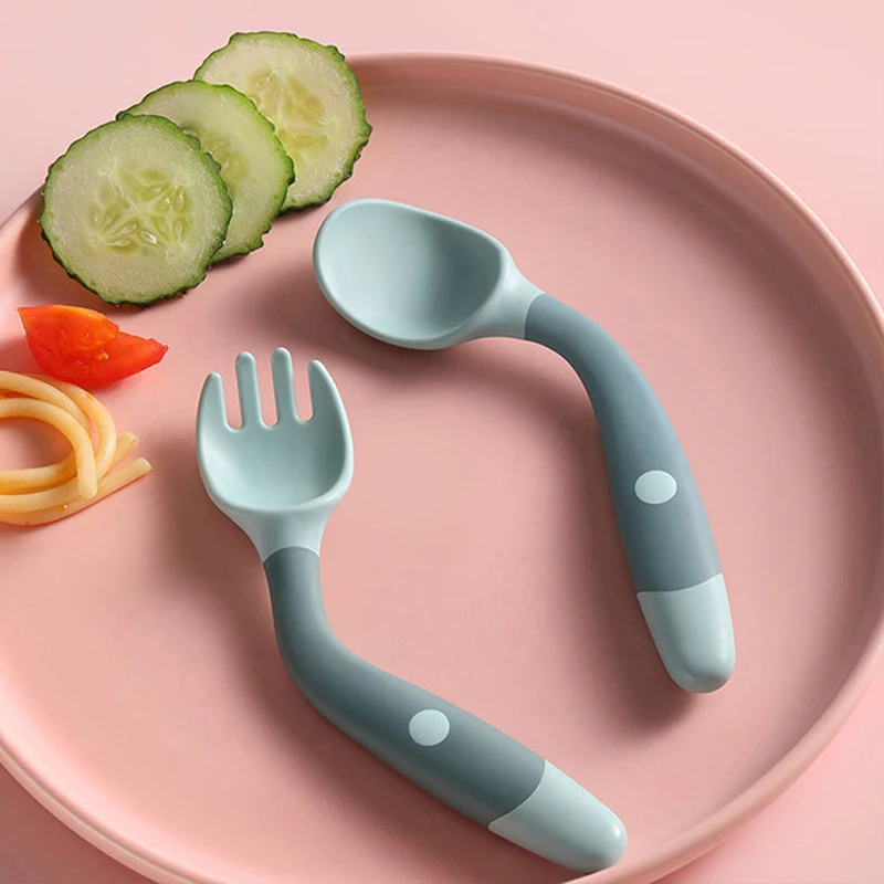 

2PCS PP+TPE Spoon Fork Set for Baby Utensils Auxiliary Food Toddler Learn To Eat Training Bendable Soft Fork Infant Tableware