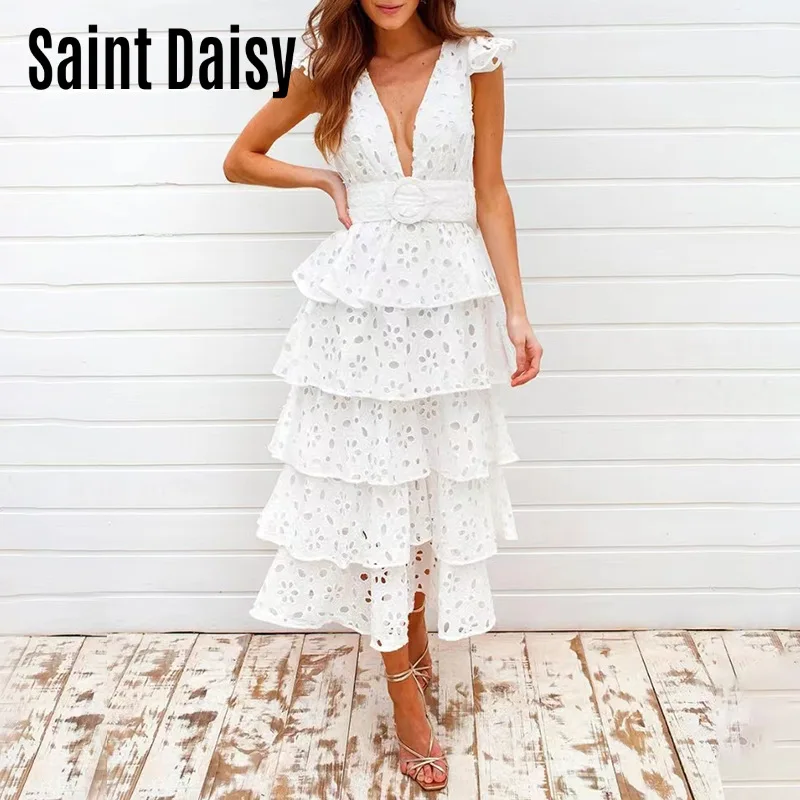 SaintDaisy French Prom Long Dress Women Cascading Ruffle White Pink Fashion Beach  Bandage Maxi Style XL Spaghetti Strap 55671