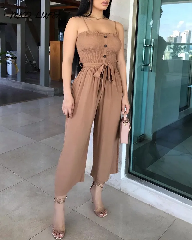 

MKDLUFI Spaghetti Strap Tied Detail Buttoned Shirred Jumpsuit