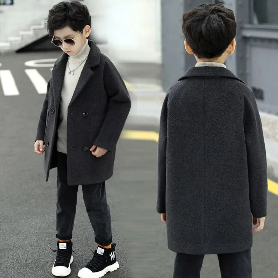 

New 2021 Autumn Winter Boys Woolen Double-breasted Jackets Baby Boy Trench Coat Lapel Kids Outerwear Coats Wool Overcoat G116