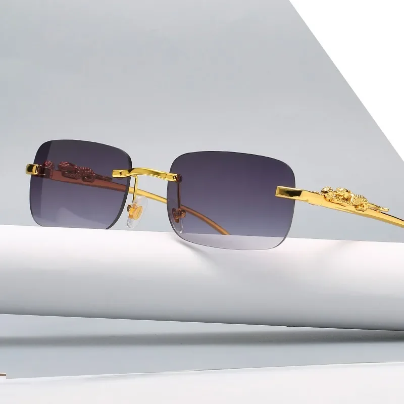 

Солнцезащитные очки без оправы для мужчин и женщин, прямоугольной формы, в винтажном стиле, с головой леопарда, в металлической оправе