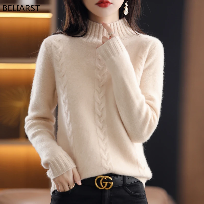 100% Pure Wool Cashmere Sweater Women's Half Turtleneck Pullover Autumn Winter Fashion Twist Top Casual Knit Loose Ladies Ja