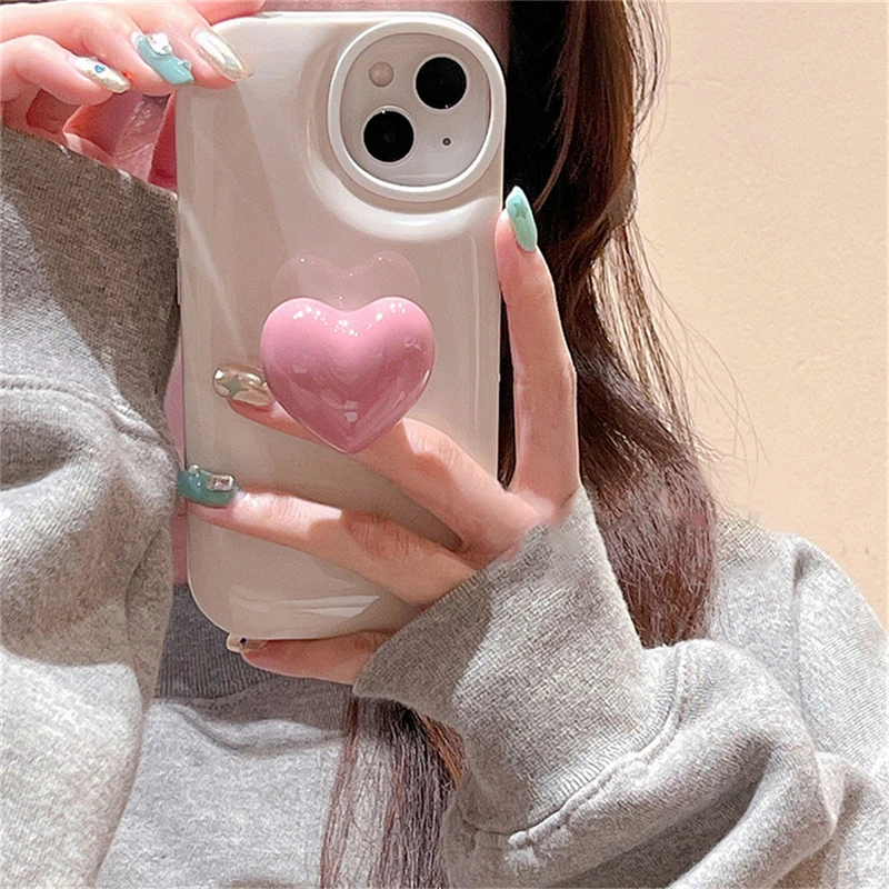 

Ins Cute Love Heart Stand Holder Candy Soap Macaron Glossy Case For iPhone 14 13 12 11 Pro Max X XR Shockproof Soft Cover Funda