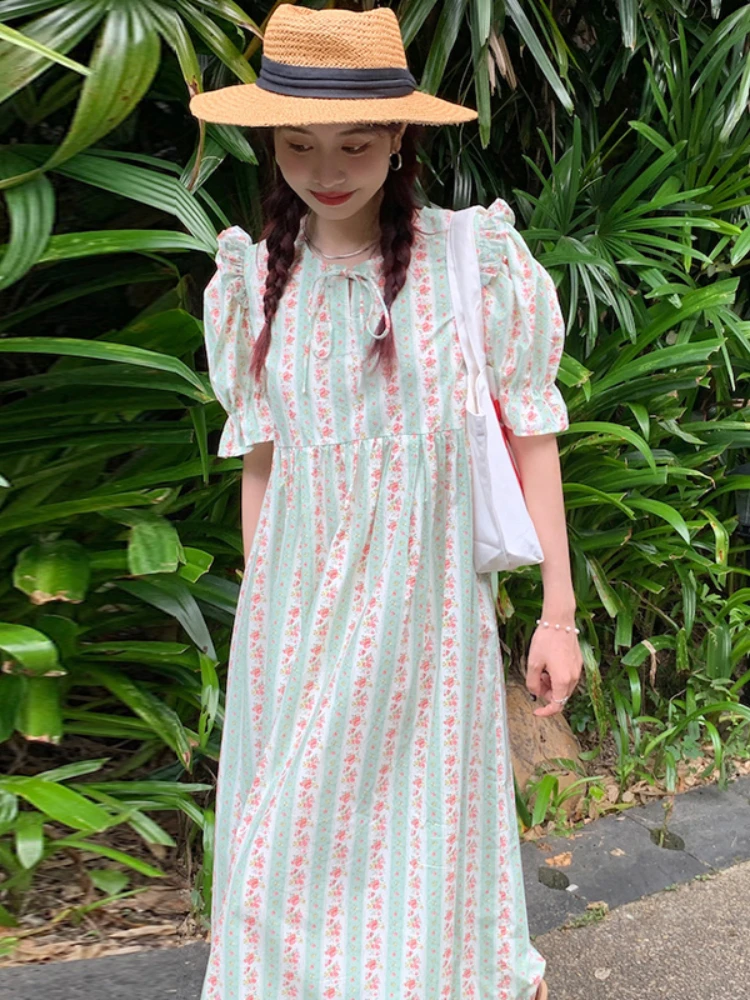 

Gaganight Women O neck Tie Stitching Fungus Edge Puff Sleeve Dress 2022 Summer French Elegant Vertical Striped Floral Dresses