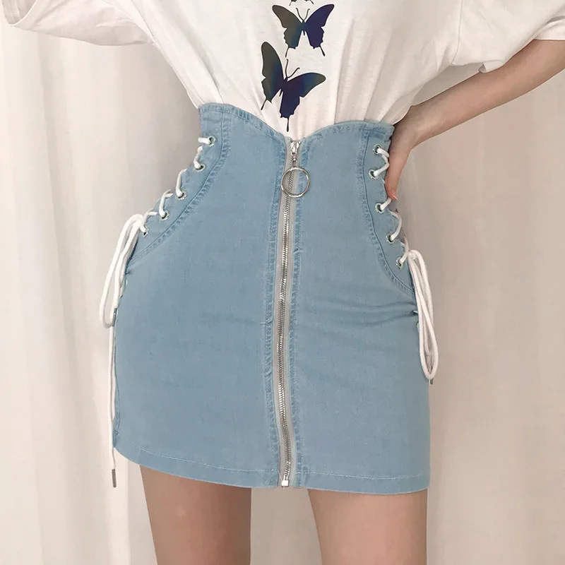 

Summer Women High Waist Front Zipper Denim Skirts Bandage Lace-Up Over Hip A-line Mini Pocket Wrapover Jeans Skirts