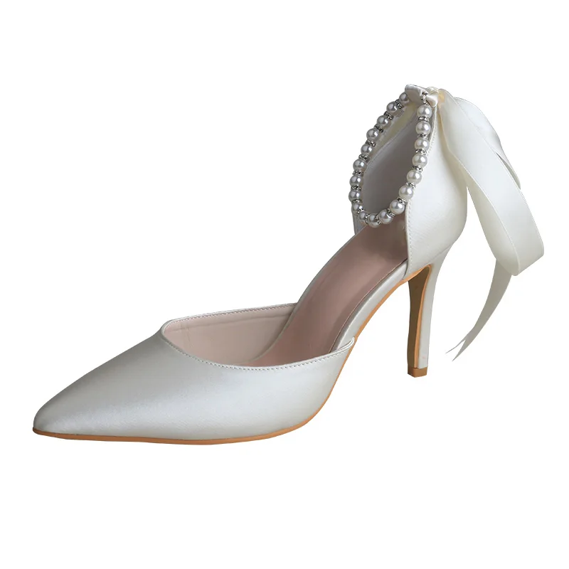 

Wedopus атласные белые туфли с острым носком на каблуках для свадьбы с жемчужным ремешком 8 см
