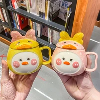 creative ceramic water cup hand painted cartoon cute chick bow coffee mug kitchen drinkware with lid home couple breakfast cup