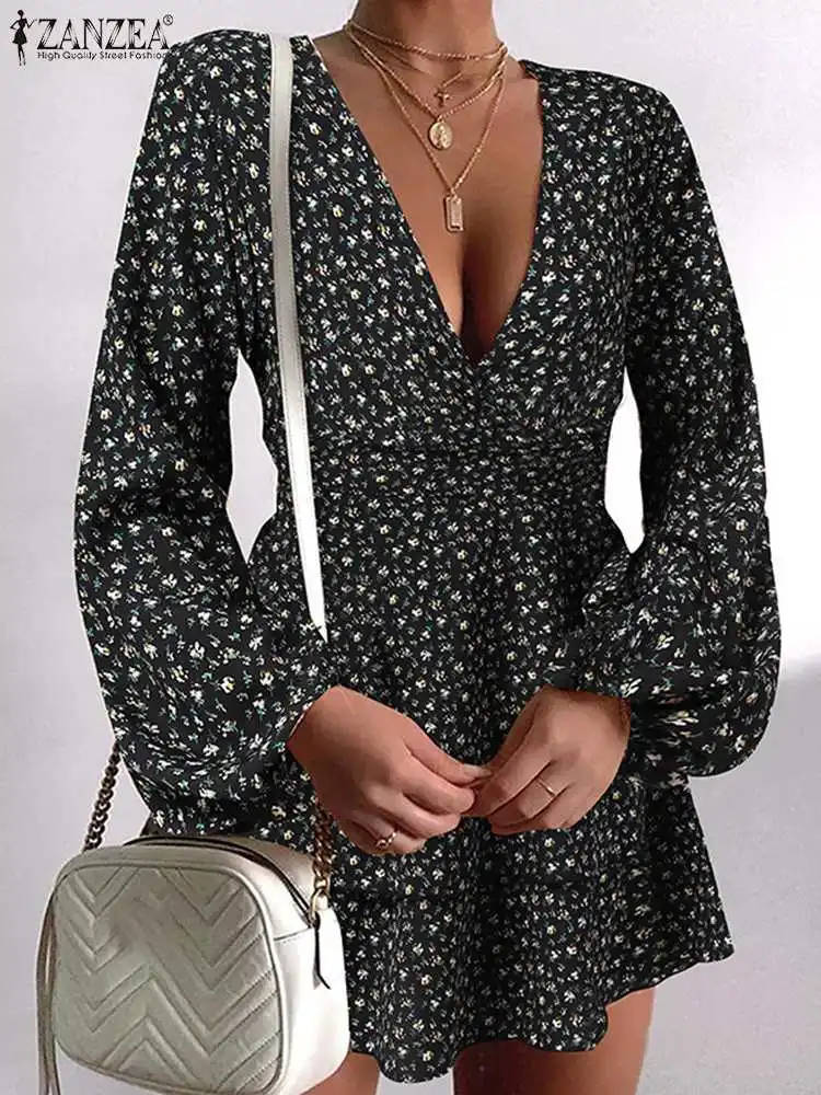 

Women Fashion OL Party Dress Bohemian Spring 2022 Printed Knee Length Vestidos Puff Sleeve V Neck Sundress ZANZEA Casual Robes
