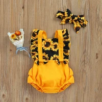 newborn girls two piece outfits sunflower print flying sleeve square neck bodysuit decorative bow headband
