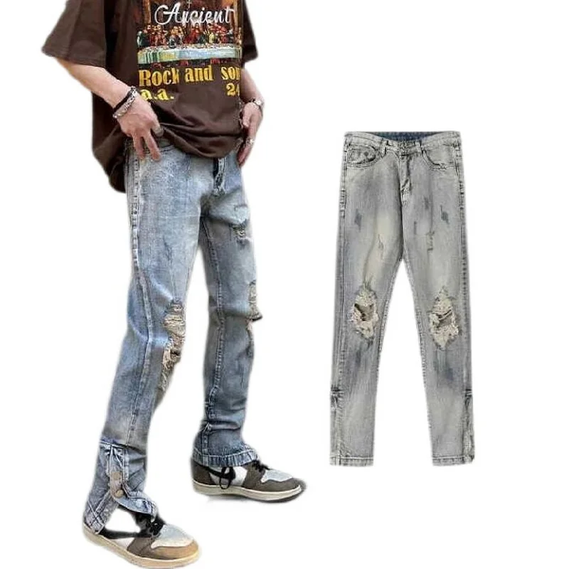 High Street Washed Jeans Hip Hop Worn Out Ripped Hole Breasted Slit Jeans Straight Denim Pants