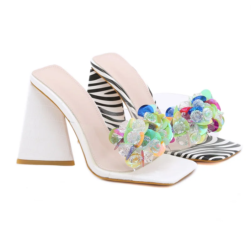 

2022 Roman Ins Personalized Square Head Rhinestone Color Film Open Toe Temperament Leisure Sandals Women's Triangular High Heels