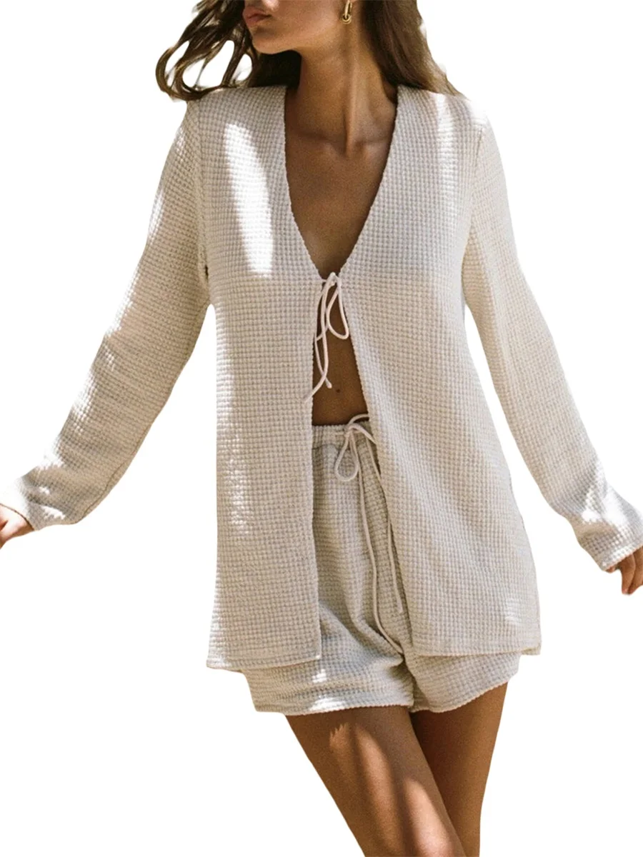 

ZZLBUF Women s 2 Piece Summer Outfits Knit V Neck Long Sleeve Tie-up Waffle Tops Drawstring Shorts Set Plisse Loungwear