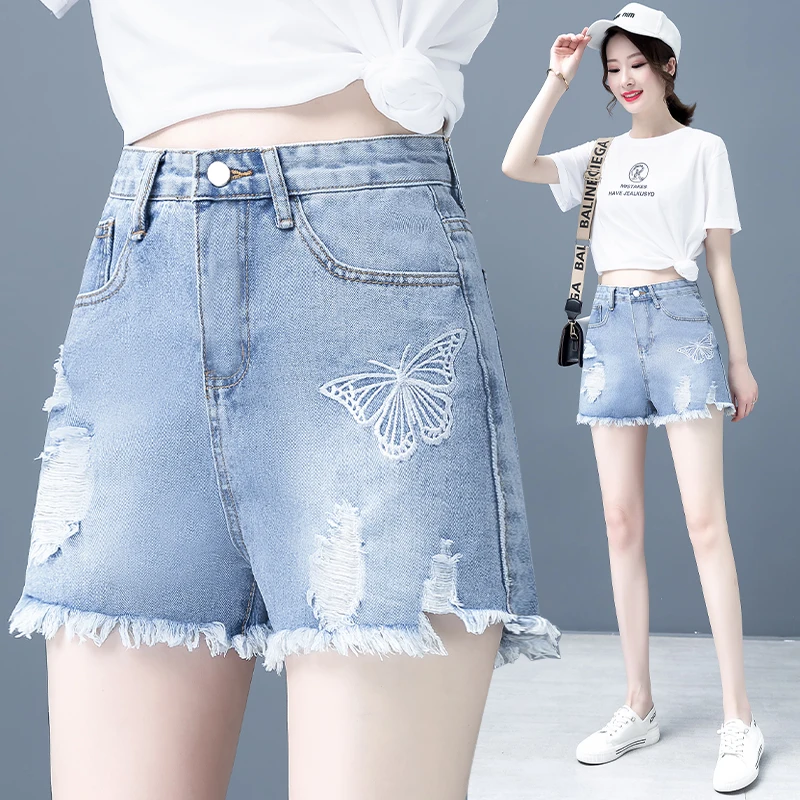 

Light-colored Ripped Denim Shorts Women Summer 2022 Korean Version Of The High-waist Washed Raw Edge Loose Wide-leg Hot Pants