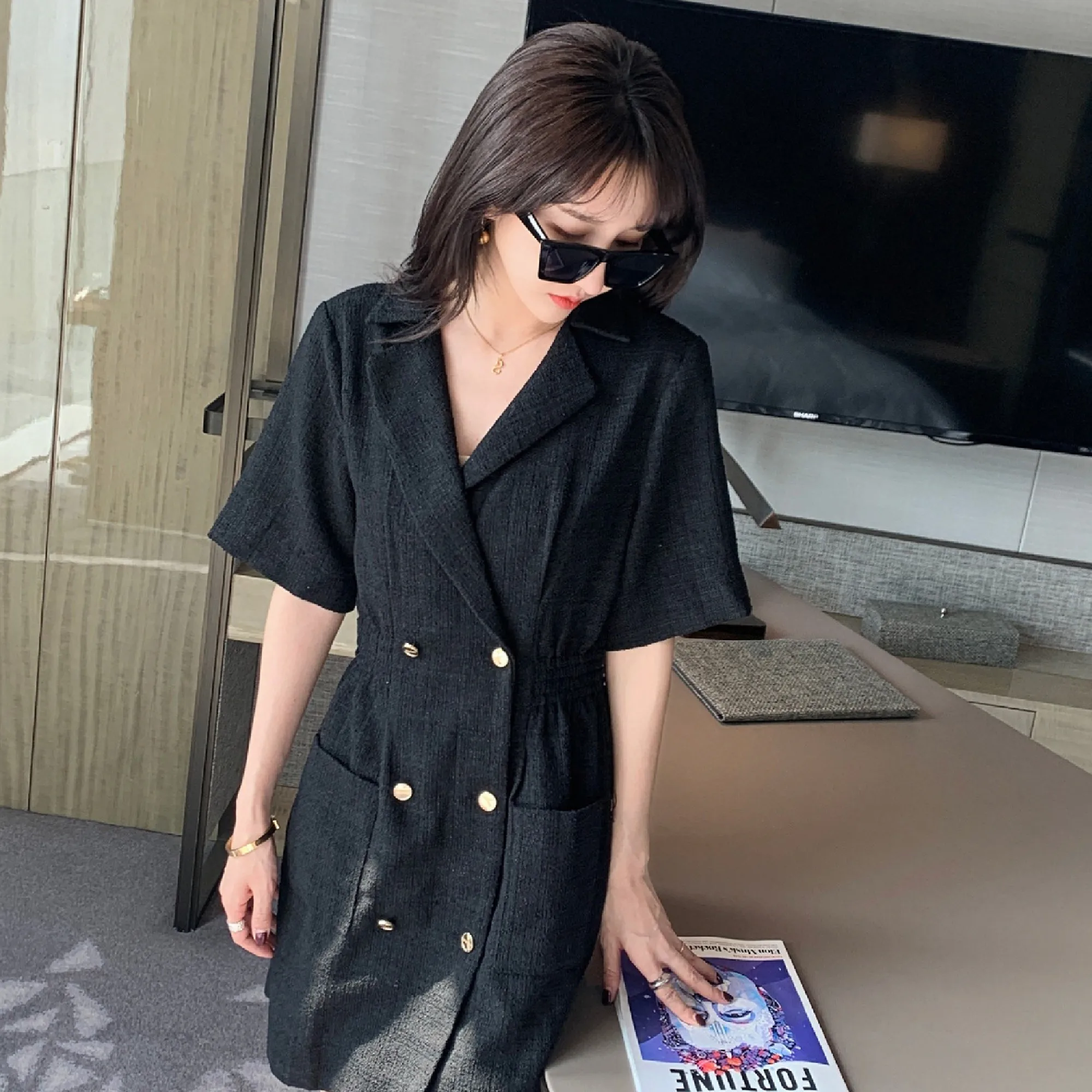 

French Tweed Suit Collar Double-breasted Waist Short-sleeved Black A-LINE Dress 2022 Spring Fall Women
