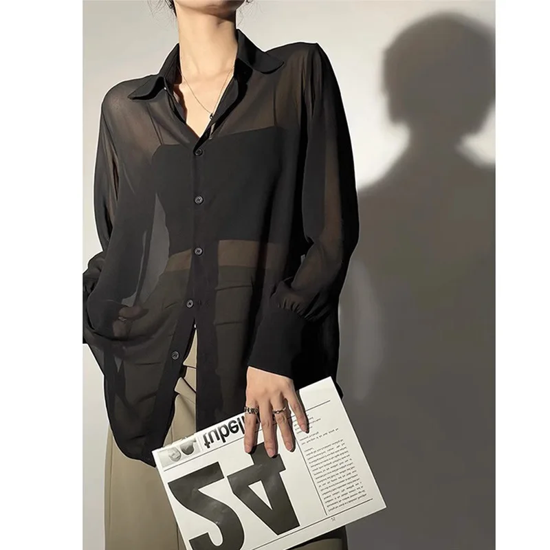 

Солнцезащитная прозрачная рубашка, Женский сетчатый топ с длинным рукавом Y2k, однотонная Свободная шифоновая блузка, модный кардиган в Корейском стиле для женщин