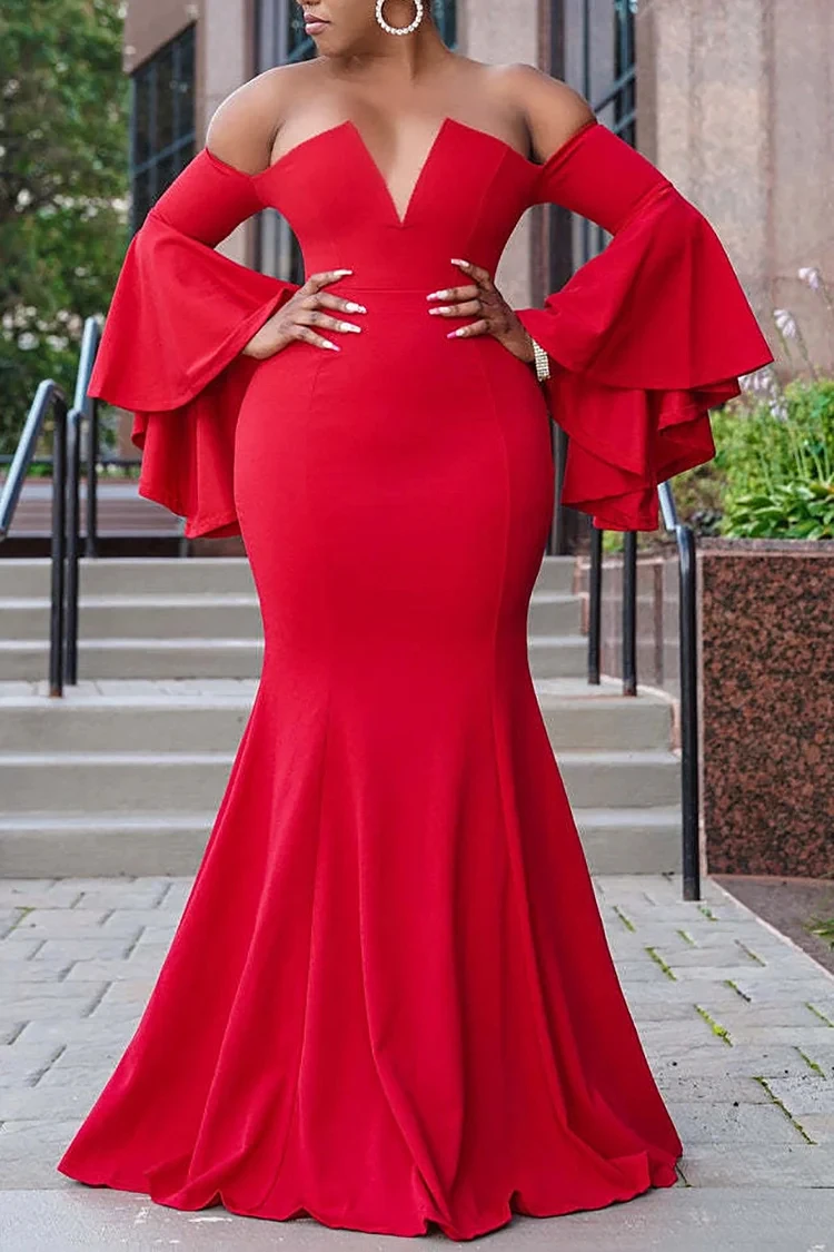 

Plus Size Women's Fashion New Sexy Bra V Neck Wrap Hip Fold Slim Off Shoulder Flare Flap Long Sleeve Swallowtail Floor Dress