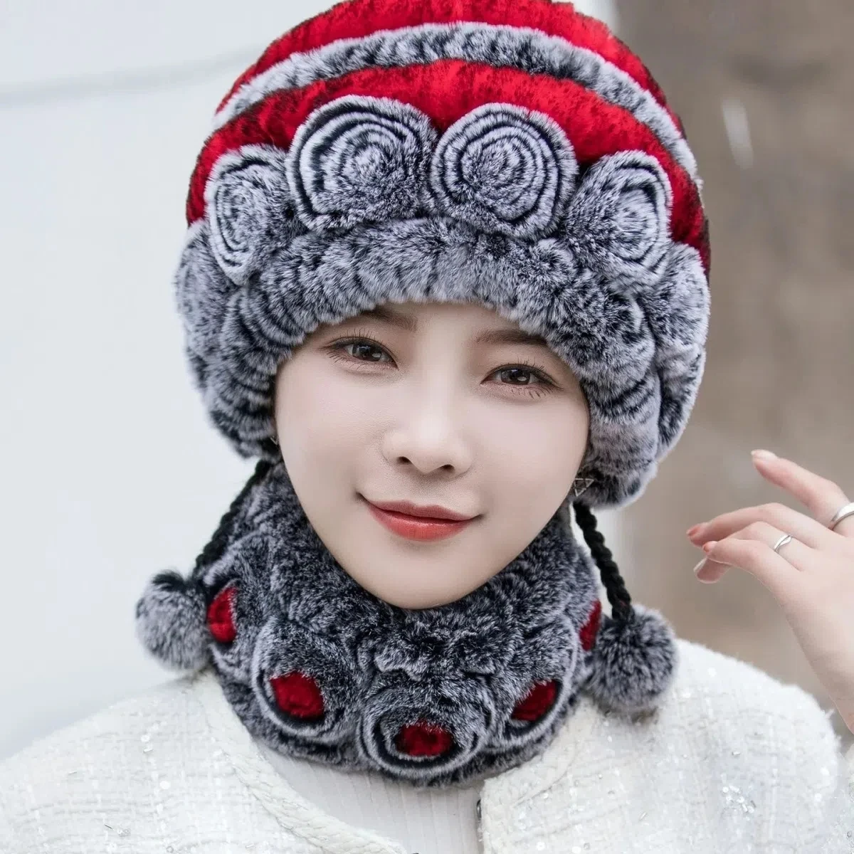 Ethinic Style Bonnet Woman Winter Knit Fur Hats Scarfs 2023 Warm Fuax Mink Hat for Women Cold-proof Hat Winter Plush Beanie Hat