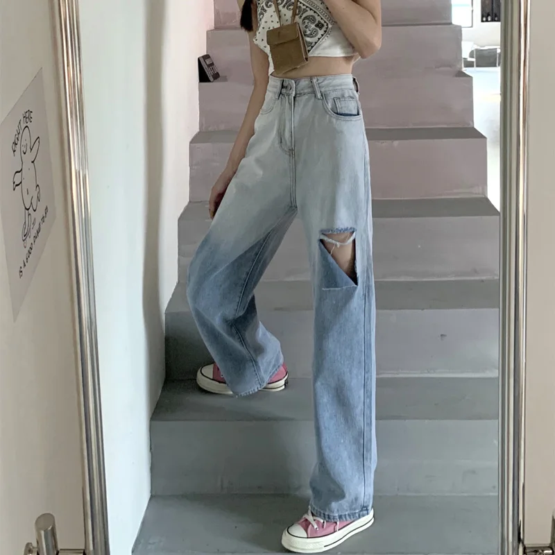 

Jeans Womens Denim Hole Vintage Washed Streetwear Korean Style Ladies New Designer 2022 Summer Loose High Waist Trousers