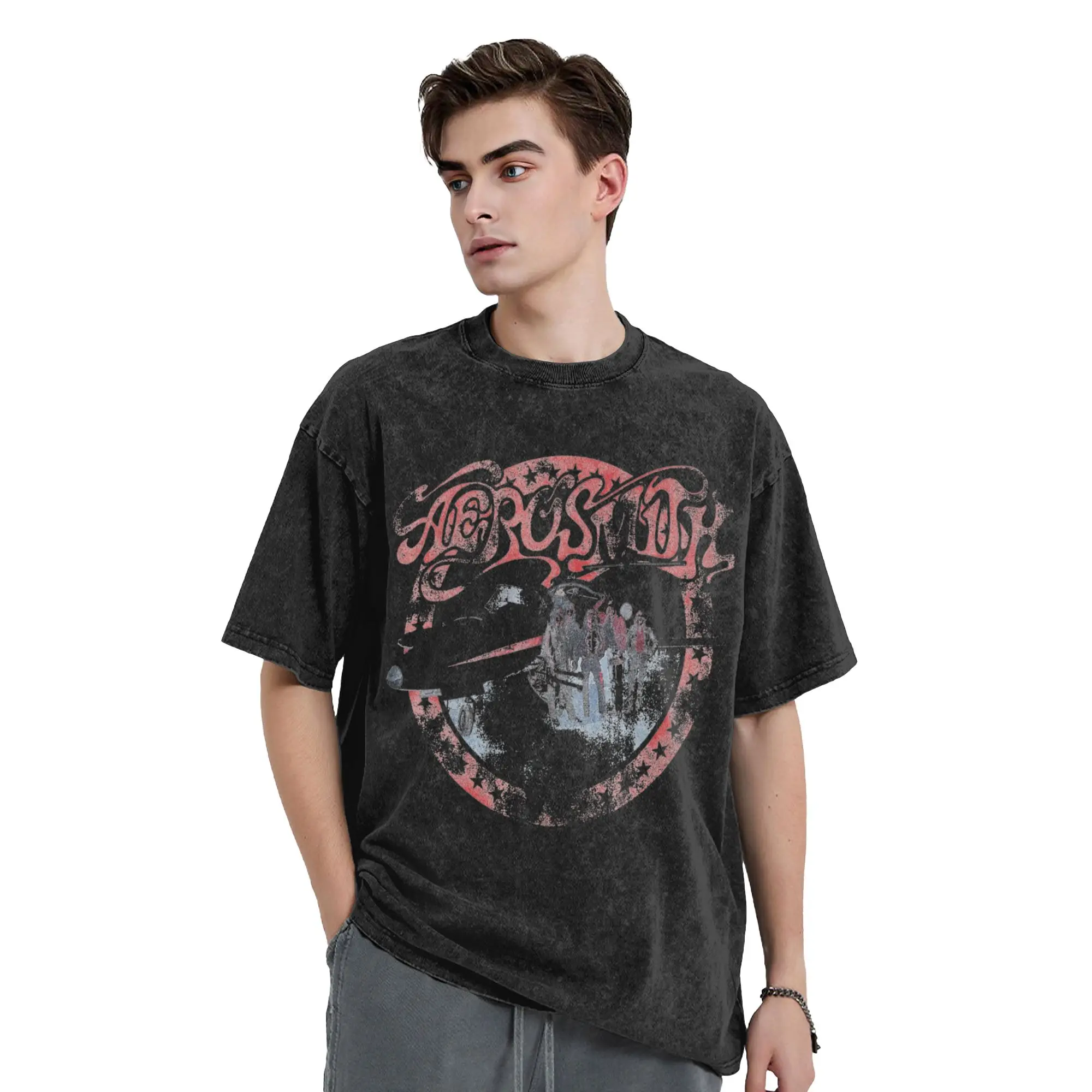 Фото Футболка Harajuku Washed Shirts Aerosmith AEROplane в стиле рок-группы, винтажная, оверсайз, уличная одежда, с коротким рукавом, летняя №2