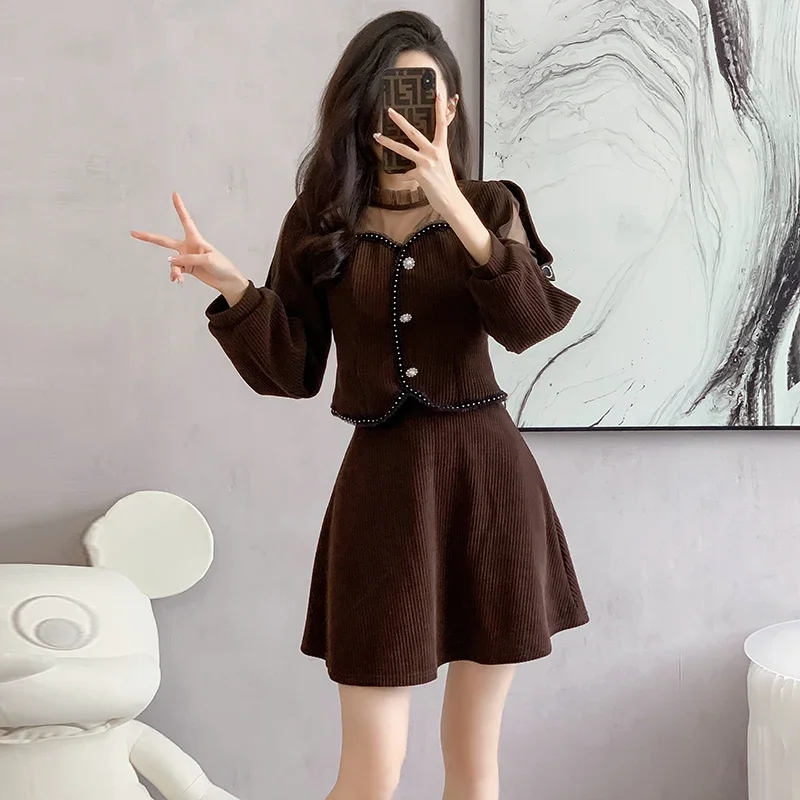 Женский вельветовый комплект из двух предметов модный сетчатый элегантный топ с