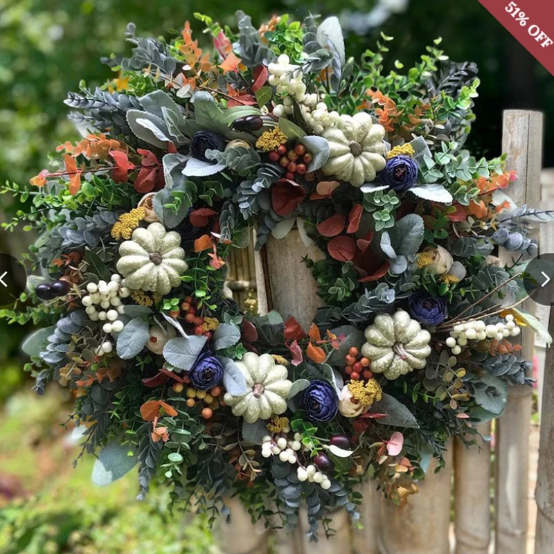 

Christmas Wreath Eucalyptus Pumpkin Harvest Festival Garland Autumn Eucalyptus Door Hanging Ornament Thanksgiving Home Decor