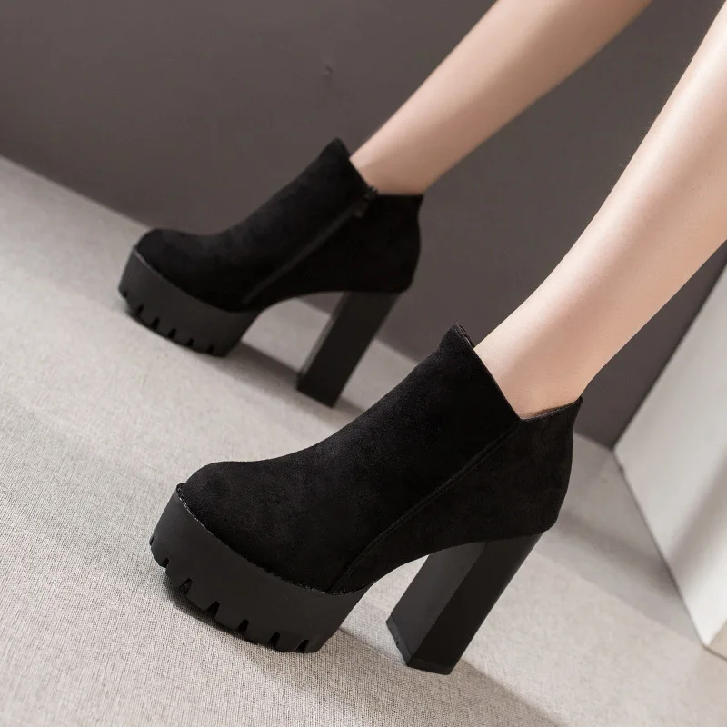 

Spring Autumn Platform Heels Ankle Boots for Women Black Booties Keep Warm 12cm High Heels Work Club Womans Short Booties Shoes