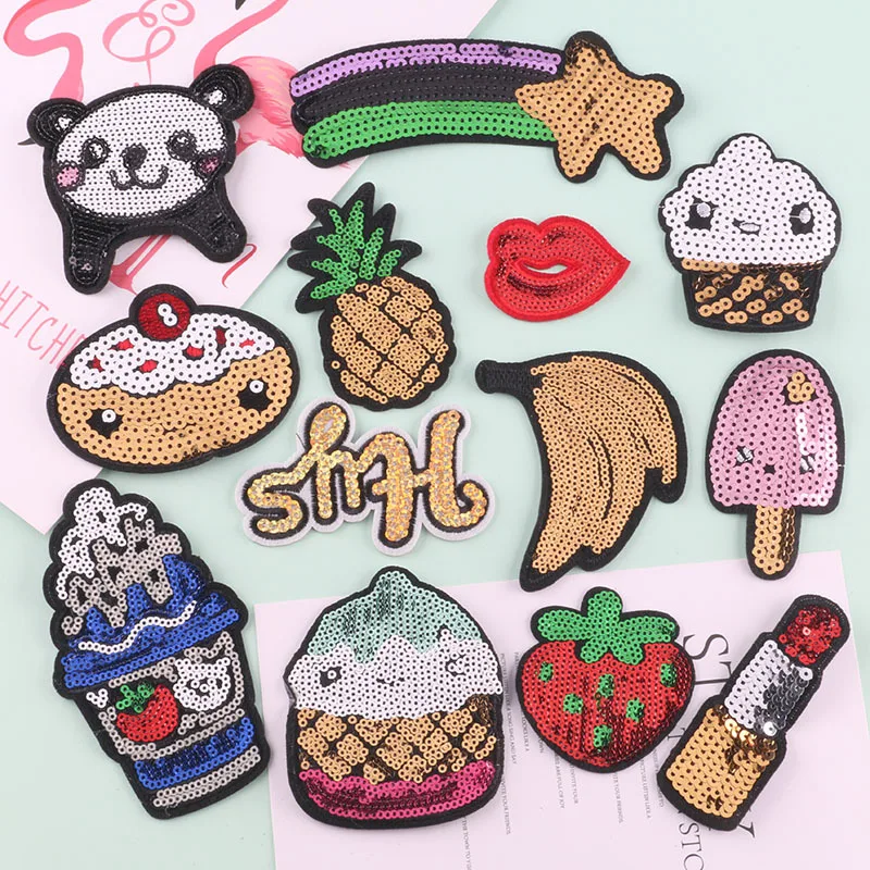 Cartoon Icecream Sequined Embroidery Patches Cute Fruits Paillettes Appliques Shooting Star Clothes Sticker Iron on Girly Badges