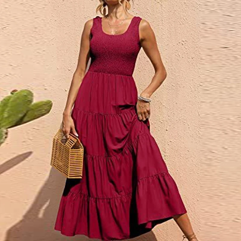 

Женский плиссированный сарафан-трапеция, повседневное длинное платье составного кроя без рукавов, платье на бретелях, модель 2023 на лето, 25815