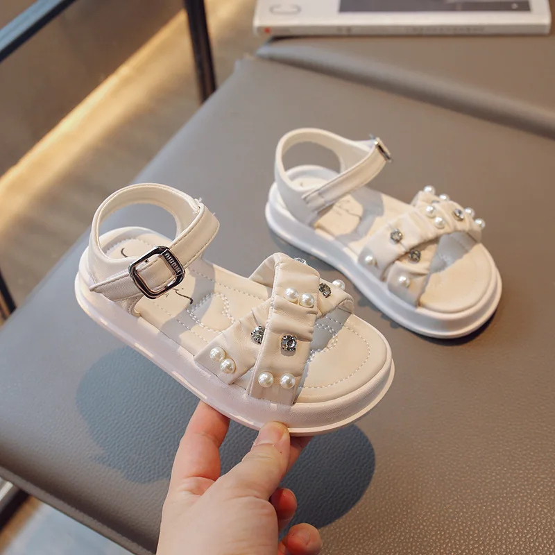 

Girls Beach Sandals Children Pearls Rhinestone Shoes Summer Fashion Kids Princess Mary Janes Shoes for Party Wedding Solid Color
