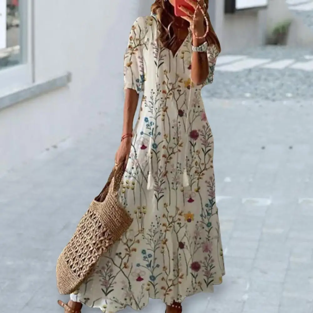 

V-neck Half Sleeve Lace-up Tassel Large Hem Female Dress Bohemia Style Floral Print Beach Maxi Dress Streetwear