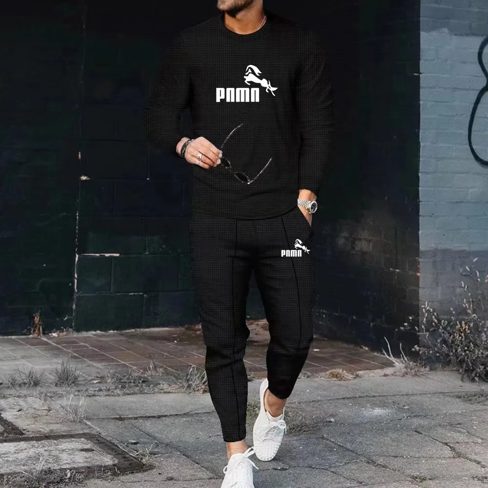 New Spring Autumn Men's Brand logo Fashion Casual Music Notation Long Sleeve T-Shirt Jogging Sports Pants Two Piece Set