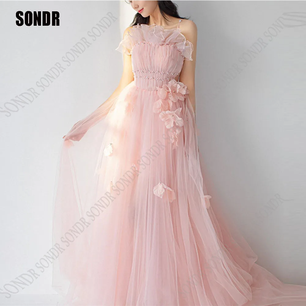 

SONDR Pink Tulle Princess Birthday Sweetheart Graduation Dress Custom Made Flower Strapless Sleeveless Engagement Evening Gowns