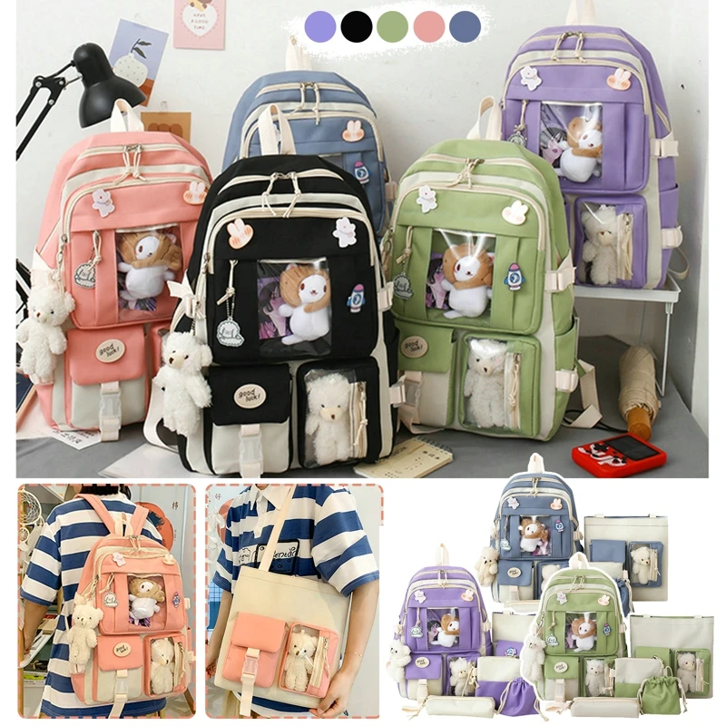 

Girls For Children's Laptop Rucksack Bag Students Cute Bagpack Women's Backpack 5pcs Fashion Sets Teens Trend Bookbag Bag School