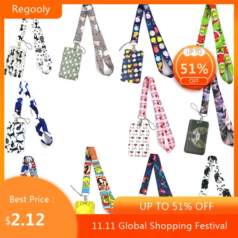 

Cartoon Cats Lanyard Credit Card ID Holder Bag Student Women Travel Card Cover Badge Car Keychain Decorations