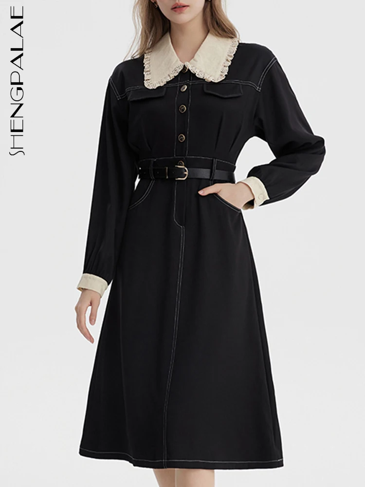 

SHENGPALAE темпераментное джинсовое платье для женщин мода Питер Пэн воротник лоскутное А-силуэт Vestido халат осень 2023 новый прилив 5R6112