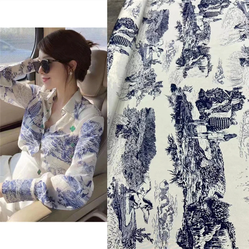 

New Blue White Porcelain Series Silk Shirt Dress Pajamas Stretch Crepe De Chine Silk Fabric Brocade Sewing Cloth for Clothes DIY