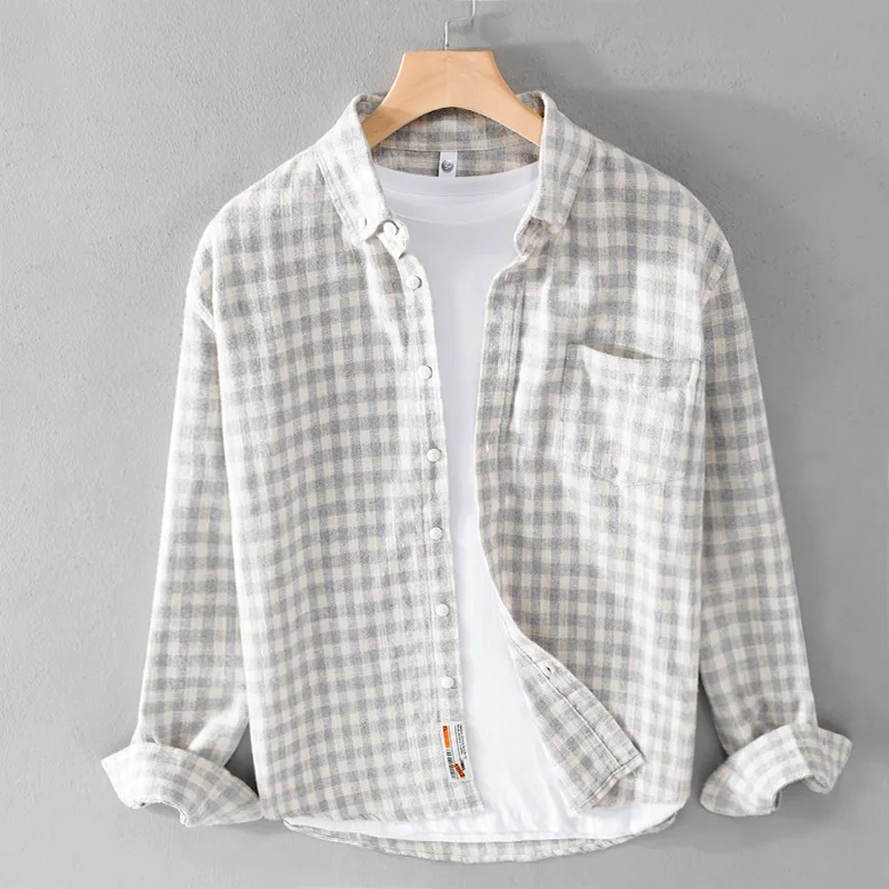 

JRJZ 2023 New Fashion Men's Spring Autumn Houndstooth Milled Long Sleeve Shirt Loose Casual Plaid Ruffian Woolen Clothes For Men