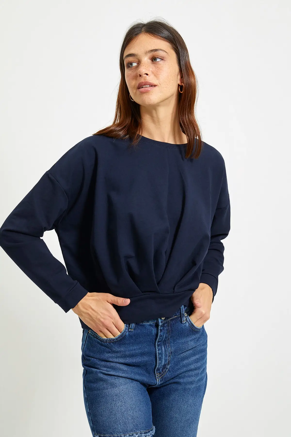 

Женская Толстовка темно-синяя плиссированная Базовая вязаная тонкая Толстовка Модные всесезонные Новые пуловеры флисовые пуловеры