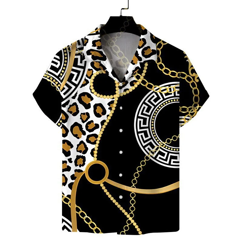 

New Men's Short-sleeved Flower Shirt Fashion 3D Digital Print Leopard Print Loose Large Lapel Shirt Fashion Short-sleeved Shirt