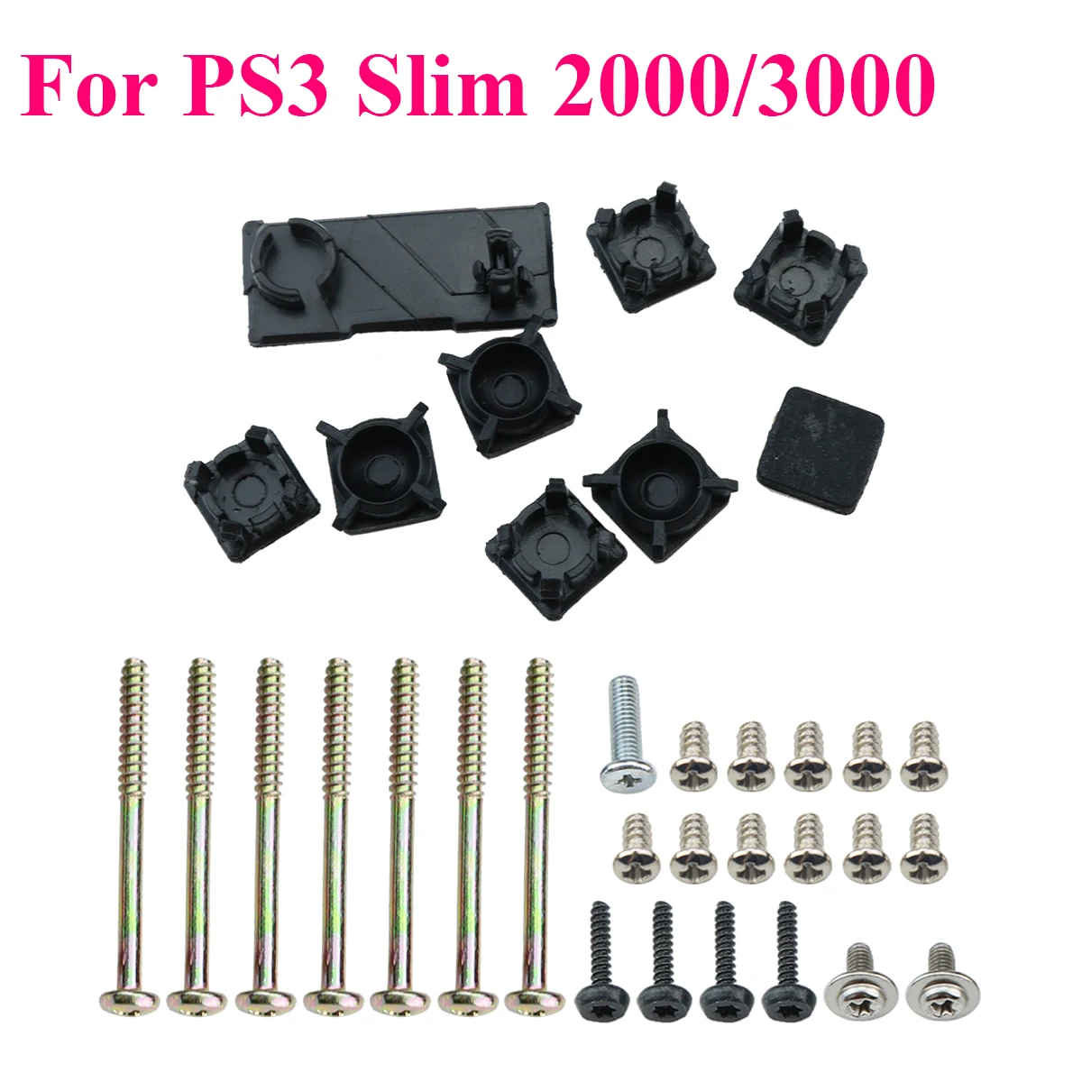 Фото Полный комплект черных пластиковых винтов для консоли PS2 PS3 Slim 2000 3000 4000 70000, комплект резиновых наконечников для винтов, комплект винтов, запа... №4
