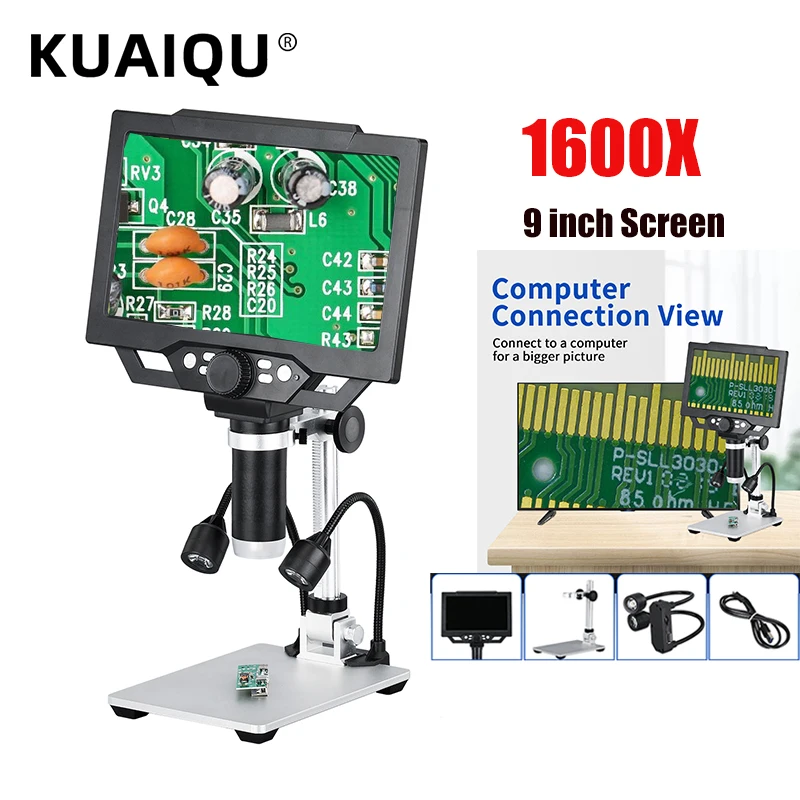 

KUAIQU 9 Inch Electronic Digital Microscope 0-1600X Continuous Magnification G1600 12MP 1080P Repair Soldering Tool With Battery