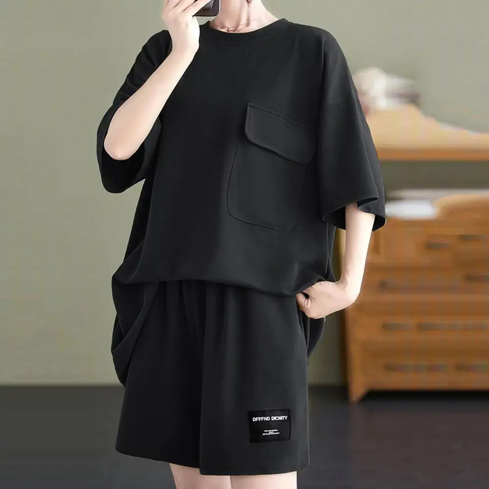 

2 Pcs/Set Women T-shirt Shorts Set Lady Summer Top Shorts Set Loose Round Neck Fitness Jogging Female Tracksuit