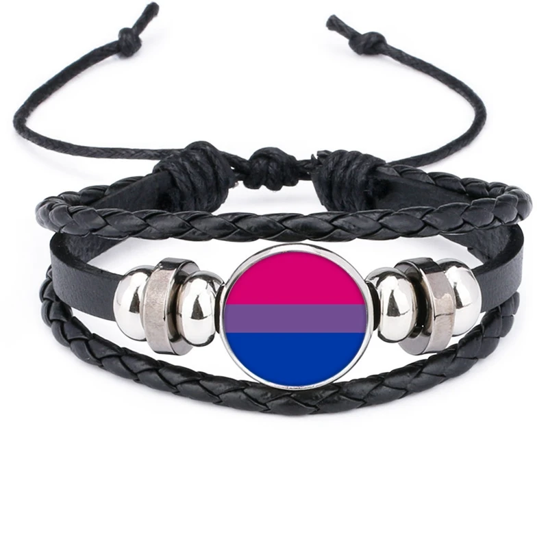 

Gay Pride Rainbow Rainbow Striped Gay Glass Cabochon Snap Black Leather Bracelet Gay Jewelry