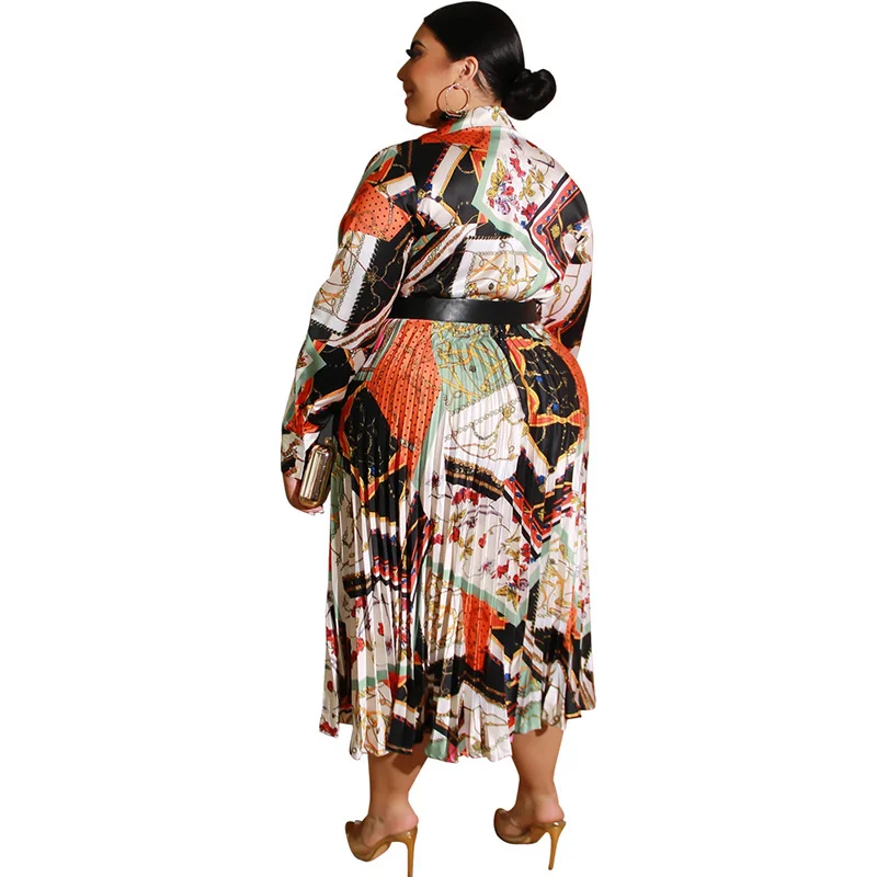 Plus Size Autumn Women Dress Bohemian Dresses with Belt Long Sleeve V-neck A-line Casual Ol Elegant Dress Who 3xl 4xl 5xl 6xl
